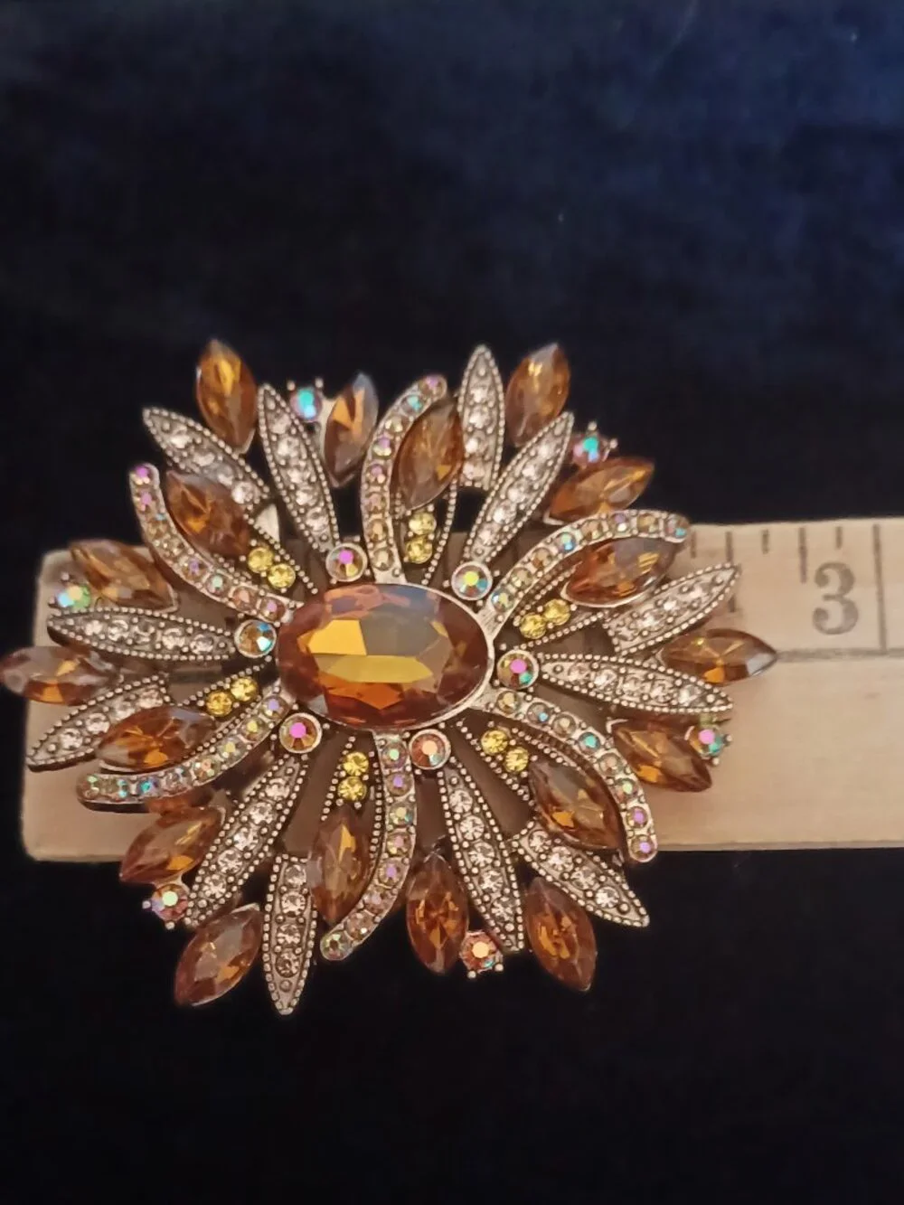 Amber and Gold Rhinestone Brooch